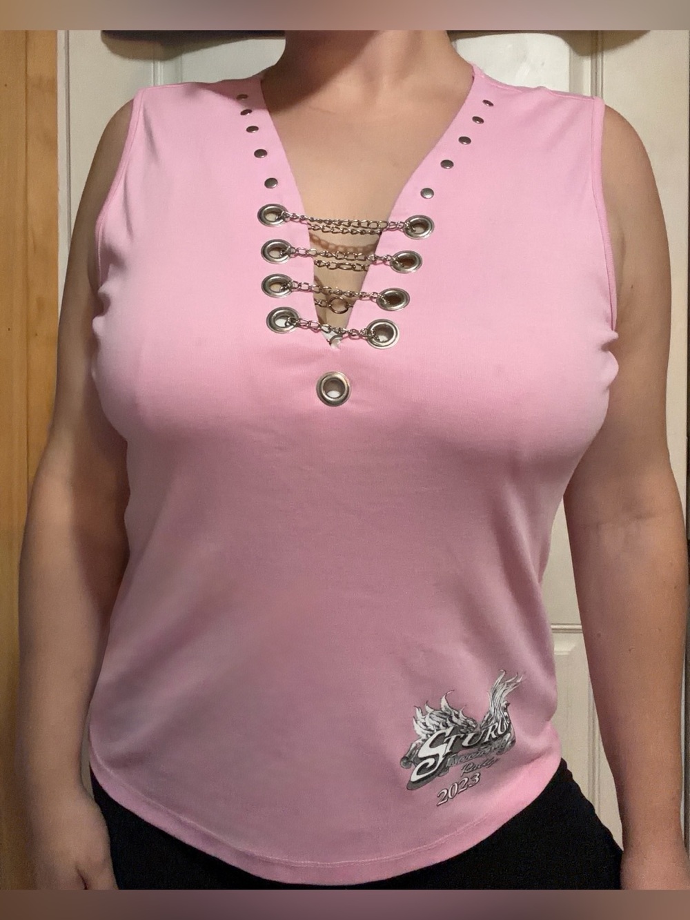 Sturgis Bike Rally Pink Tank Top with Grommets and Silver Chains